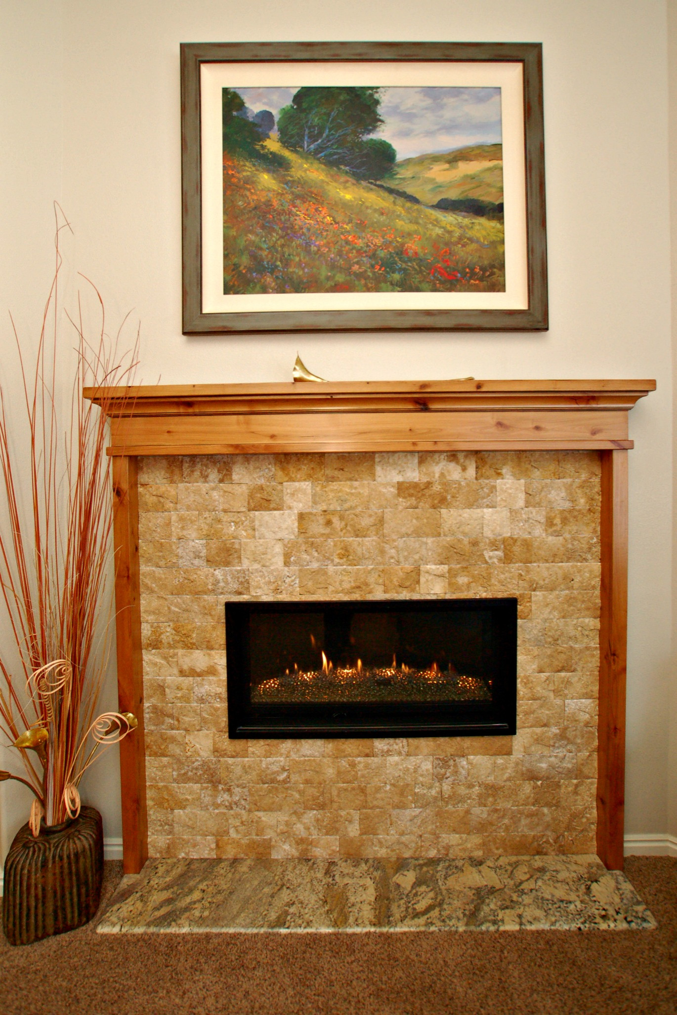 New fireplace mantel, brick and granite hearth
